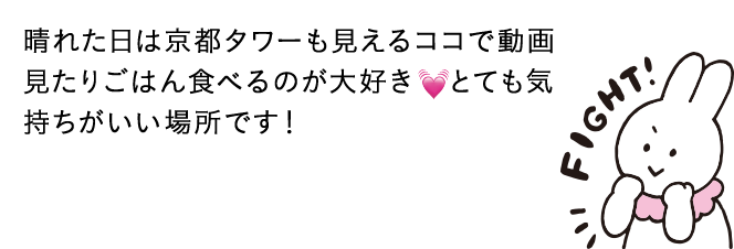 晴れた日は京都タワーも見えるココで動画見たりごはん食べるのが大好き　とても気持ちがいい場所です！